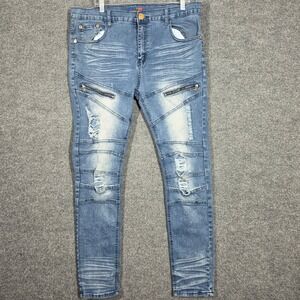 Demolition Jeans Mens 38x32 Distressed‎ Moto Biker Slim Fit Whiskered Denim